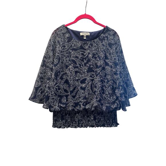 Chaus Women’s Medium Dark Blue blouse white paisley Floral print business casual - Picture 1 of 7